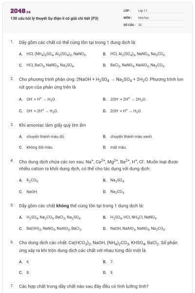 130 câu hỏi lý thuyết Sự điện li có giải chi tiết (P3)