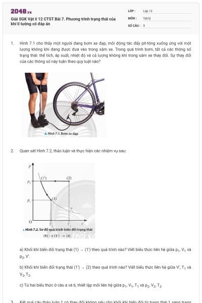 Giải SGK Vật lí 12 CTST Bài 7. Phương trình trạng thái của khí lí tưởng có đáp án