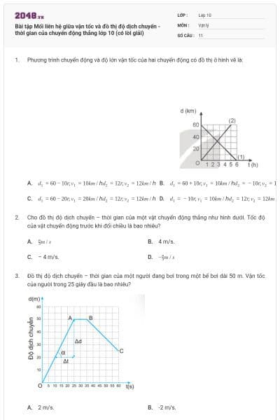 Bài tập Mối liên hệ giữa vận tốc và đồ thị độ dịch chuyển - thời gian của chuyển động thẳng lớp 10 (có lời giải)