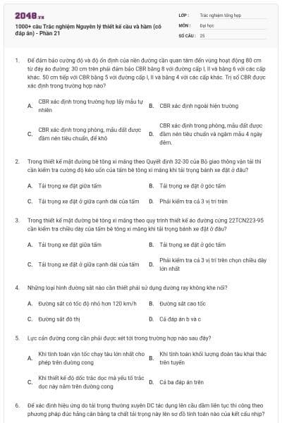 1000+ câu Trắc nghiệm Nguyên lý thiết kế cầu và hầm (có đáp án) - Phần 21