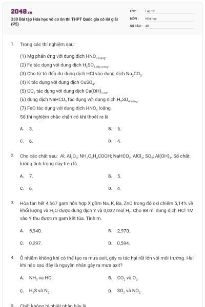 330 Bài tập Hóa học vô cơ ôn thi THPT Quốc gia có lời giải (P5)