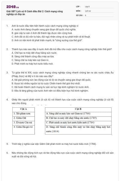 Giải SBT Lịch sử 8 Cánh diều Bài 2: Cách mạng công nghiệp có đáp án