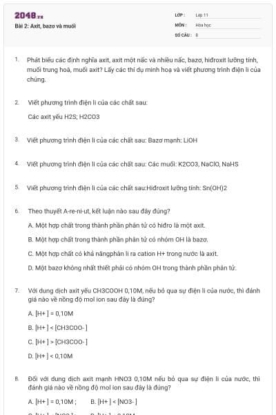 Bài 2: Axit, bazơ và muối