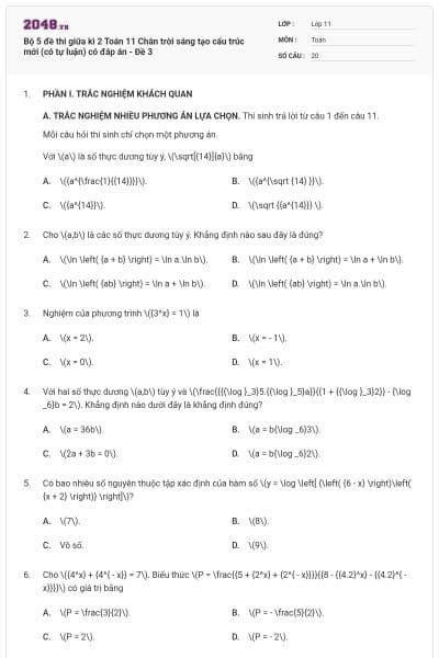 Bộ 5 đề thi giữa kì 2 Toán 11 Chân trời sáng tạo cấu trúc mới (có tự luận) có đáp án - Đề 3