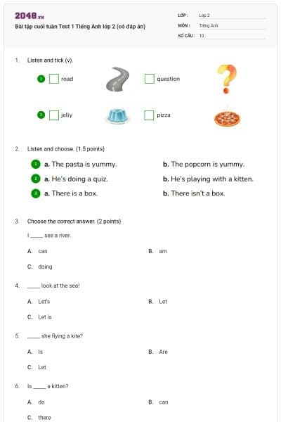 Bài tập cuối tuần Test 1 Tiếng Anh lớp 2 (có đáp án)