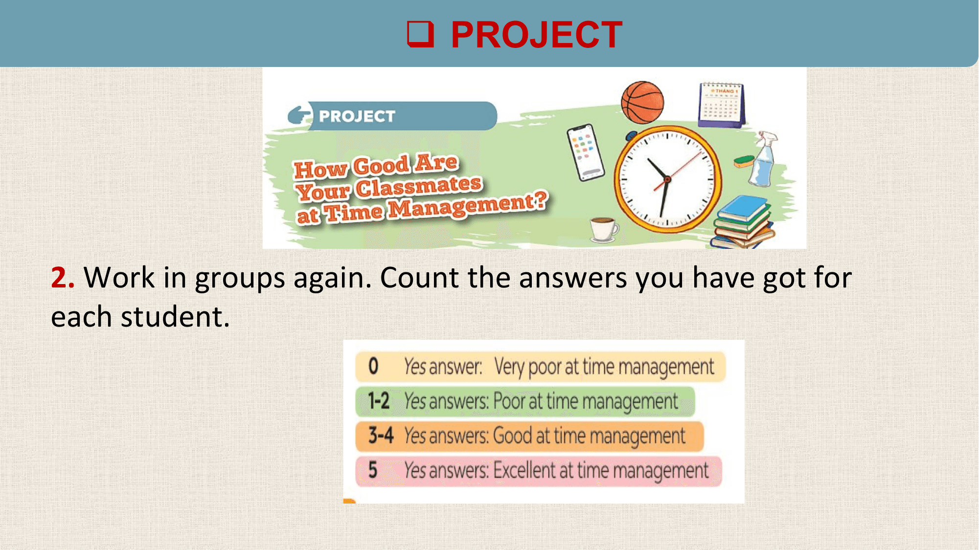 q PROJECT

2. Work in groups again. Count the answers you have got for
each student.