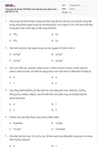 Tổng hợp đề thi thử THPTQG môn Hóa Học hay nhất có lời giải (Đề số 16)