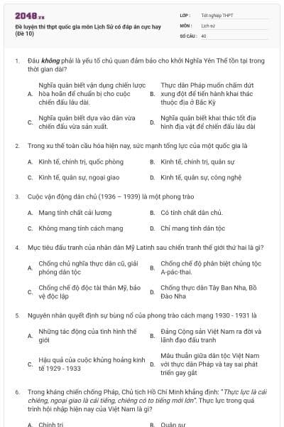 Đề luyện thi thpt quốc gia môn Lịch Sử có đáp án cực hay (Đề 10)