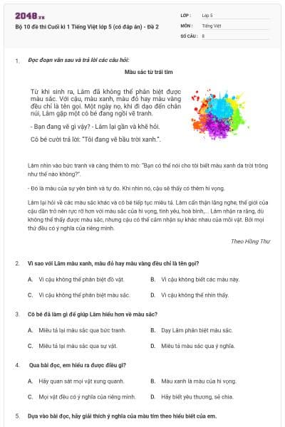 Bộ 10 đề thi Cuối kì 1 Tiếng Việt lớp 5 (có đáp án) - Đề 2