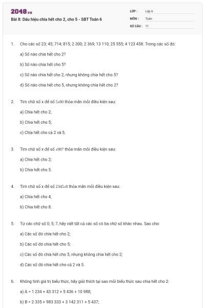 Bài 8: Dấu hiệu chia hết cho 2, cho 5 - SBT Toán 6
