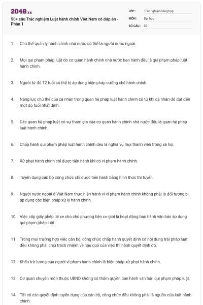 50+ câu Trắc nghiệm Luật hành chính Việt Nam có đáp án - Phần 1