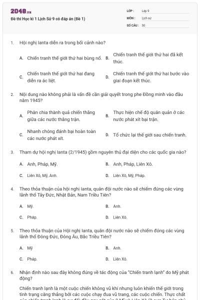 Đề thi Học kì 1 Lịch Sử 9 có đáp án (Đề 1)