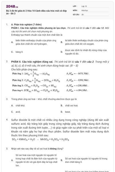 Bộ 3 đề thi giữa kì 2 Hóa 10 Cánh diều cấu trúc mới có đáp án - Đề 3