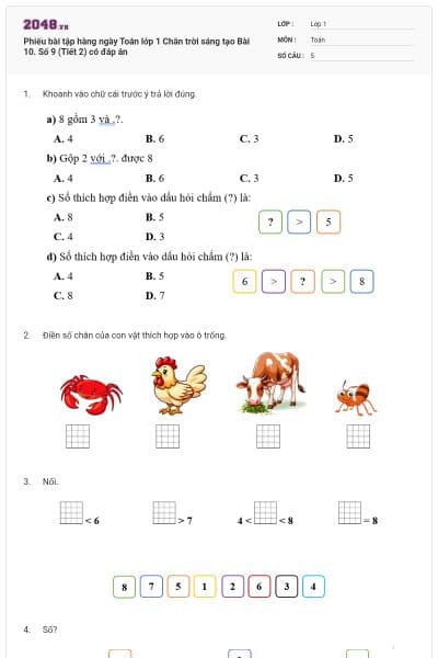 Phiếu bài tập hàng ngày Toán lớp 1 Chân trời sáng tạo Bài 10. Số 9 (Tiết 2) có đáp án