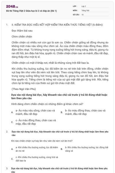Đề thi Tiếng Việt 2 Giữa học kì 2 có đáp án (Đề 1)