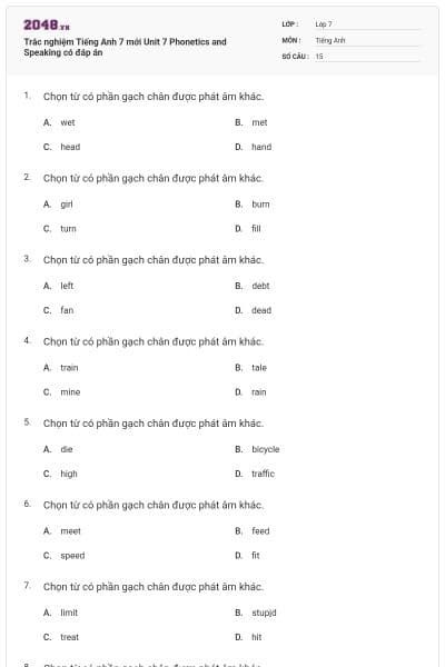 Trắc nghiệm Tiếng Anh 7 mới Unit 7 Phonetics and Speaking có đáp án