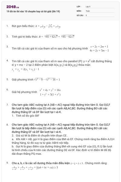 19 đề ôn thi vào 10 chuyên hay có lời giải (Đề 19)