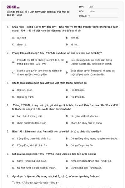 Bộ 2 đề thi cuối kì 1 Lịch sử 9 Cánh diều cấu trúc mới có đáp án - Đề 2