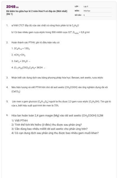Đề kiểm tra giữa học kì 2 môn Hoá 9 có đáp án (Mới nhất) (Đề 1)