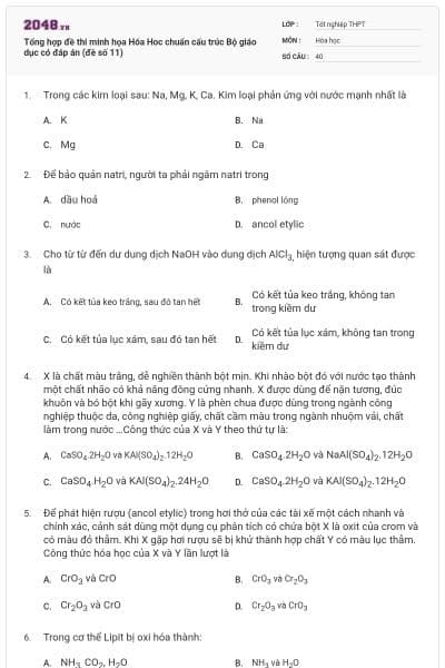 Tổng hợp đề thi minh họa Hóa Hoc chuẩn cấu trúc Bộ giáo dục có đáp án (đề số 11)