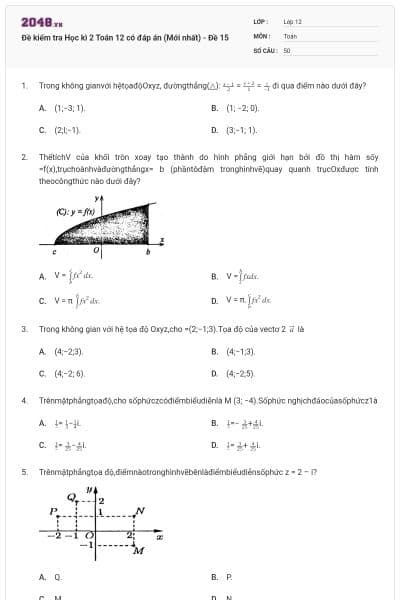 Đề kiểm tra Học kì 2 Toán 12 có đáp án (Mới nhất) - Đề 15