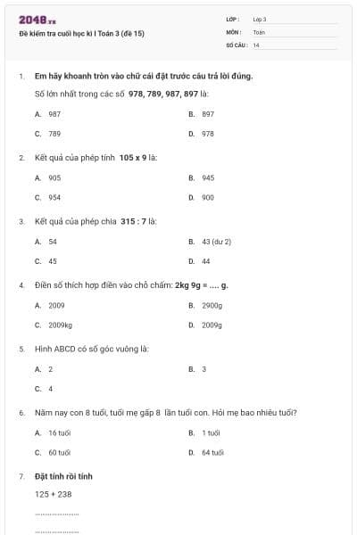 Đề kiểm tra cuối học kì I Toán 3 (đề 15)