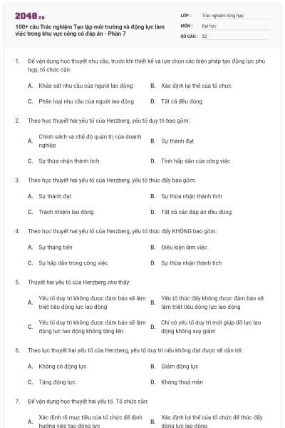 100+ câu Trắc nghiệm Tạo lập môi trường và động lực làm việc trong khu vực công có đáp án - Phần 7