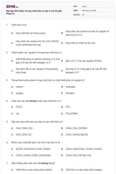 Bài tập Giới thiệu về hợp chất hữu cơ lớp 9 (có lời giải - Phần 2)
