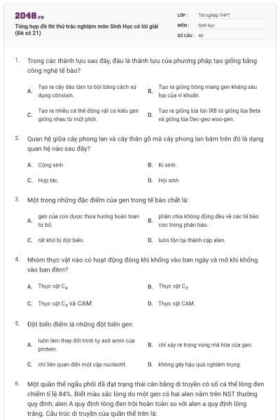 Tổng hợp đề thi thử trắc nghiệm môn Sinh Học có lời giải (Đề số 21)