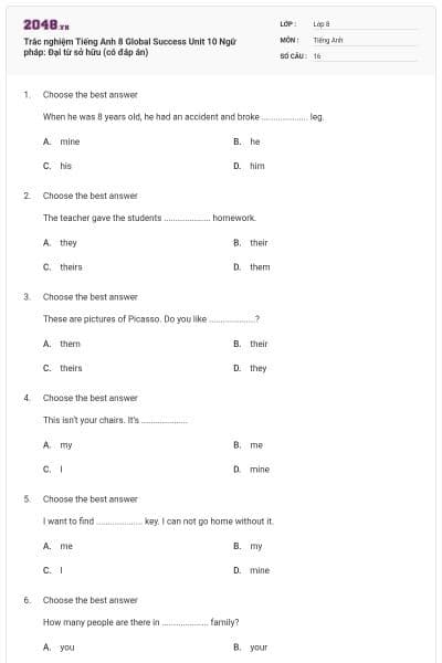 Trắc nghiệm Tiếng Anh 8 Global Success Unit 10 Ngữ pháp: Đại từ sở hữu (có đáp án)