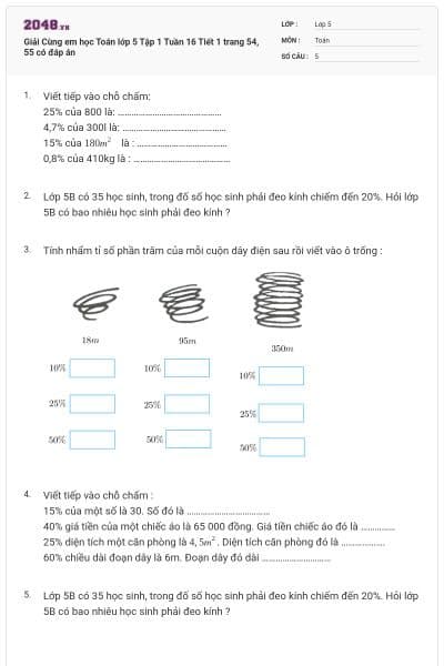 Giải Cùng em học Toán lớp 5 Tập 1 Tuần 16 Tiết 1 trang 54, 55 có đáp án