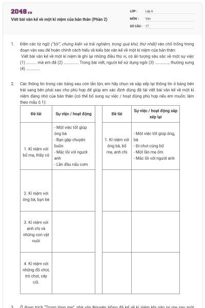 Viết bài văn kể về một kỉ niệm của bản thân (Phần 2)