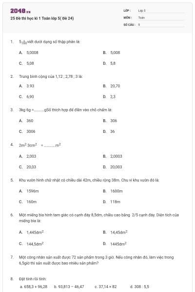 25 Đề thi học kì 1 Toán lớp 5( Đề 24)