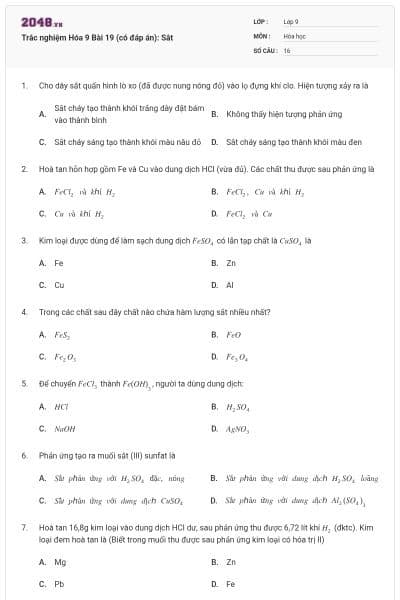 Trắc nghiệm Hóa 9 Bài 19 (có đáp án): Sắt