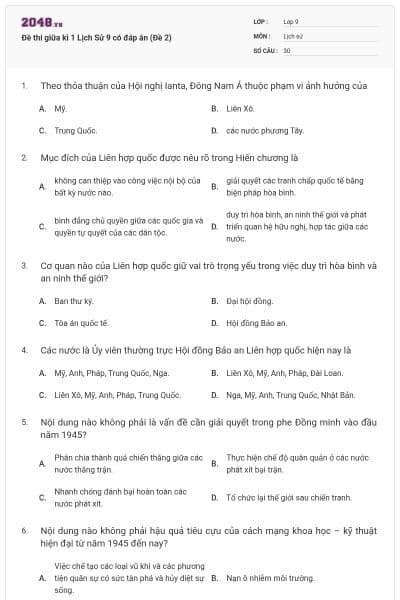 Đề thi giữa kì 1 Lịch Sử 9 có đáp án (Đề 2)