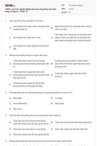 1000+ câu Trắc nghiệm Nhập môn lâm sàng Phục hồi chức năng có đáp án - Phần 15