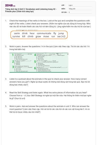Tiếng Anh lớp 6 Unit 3: Vocabulary and Listening trang 42 - Friends plus (Chân trời sáng tạo)