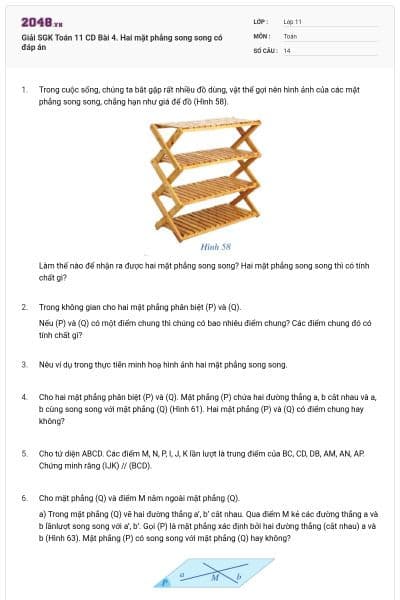 Giải SGK Toán 11 CD Bài 4. Hai mặt phẳng song song có đáp án