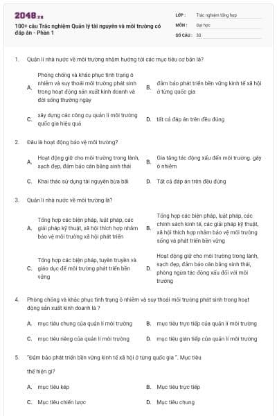 100+ câu Trắc nghiệm Quản lý tài nguyên và môi trường có đáp án - Phần 1