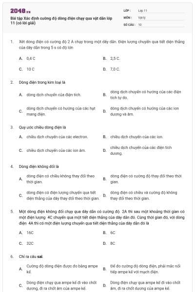 Bài tập Xác định cường độ dòng điện chạy qua vật dẫn lớp 11 (có lời giải)