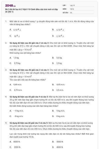 Bộ 3 đề thi học kì 2 Vật lí 10 Cánh diều cấu trúc mới có đáp án (Đề 1)