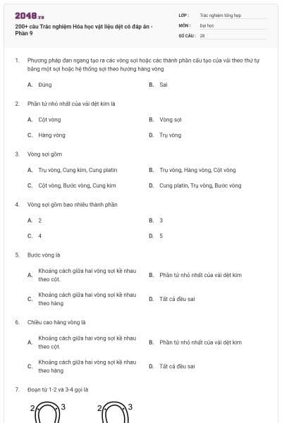 200+ câu Trắc nghiệm Hóa học vật liệu dệt có đáp án - Phần 9