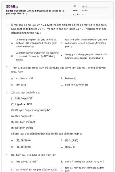 Bài tập trắc nghiệm Cơ chế di truyền cấp độ tế bào có lời giải (nhận biết - P1)