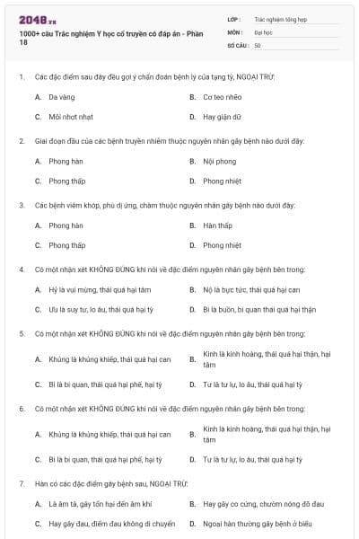 1000+ câu Trắc nghiệm Y học cổ truyền có đáp án - Phần 18