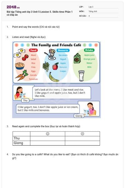 Bài tập Tiếng anh lớp 3 Unit 5 Lession 5. Skills time Phần 1 có đáp án