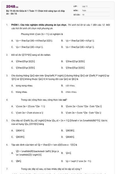 Bộ 19 đề thi Giữa kì 1 Toán 11 Chân trời sáng tạo  có đáp án - Đề 16