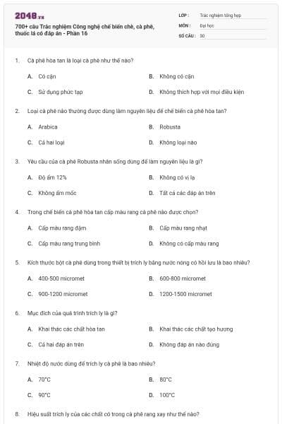 700+ câu Trắc nghiệm Công nghệ chế biến chè, cà phê, thuốc lá có đáp án - Phần 16