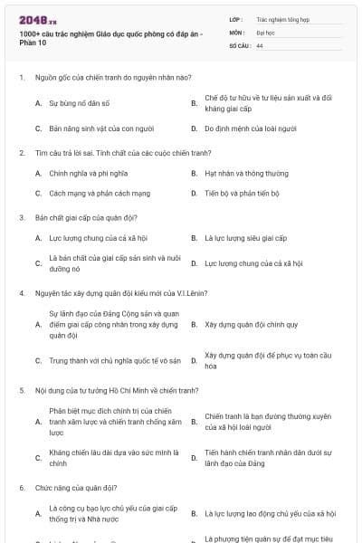 1000+ câu trắc nghiệm Giáo dục quốc phòng có đáp án - Phần 10