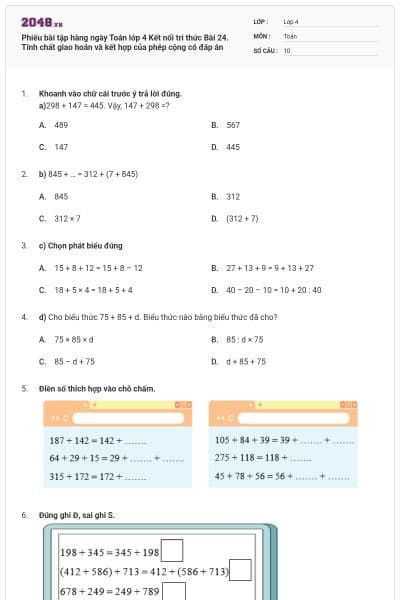 Phiếu bài tập hàng ngày Toán lớp 4 Kết nối tri thức Bài 24. Tính chất giao hoán và kết hợp của phép cộng có đáp án