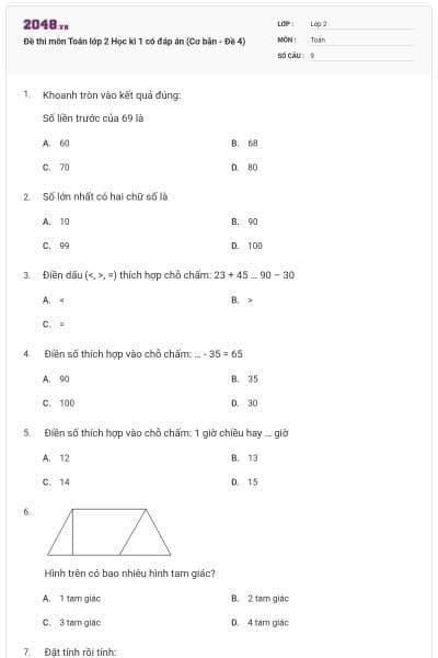 Đề thi môn Toán lớp 2 Học kì 1 có đáp án (Cơ bản - Đề 4)